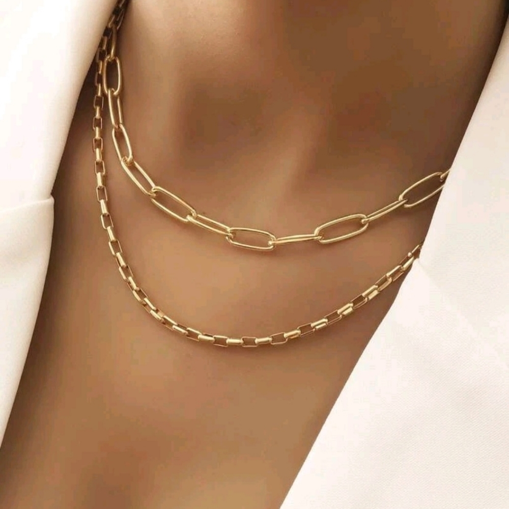 NWOT Two Piece Faux Gold metal Chain Necklaces, Paperclip & Rolled Chains